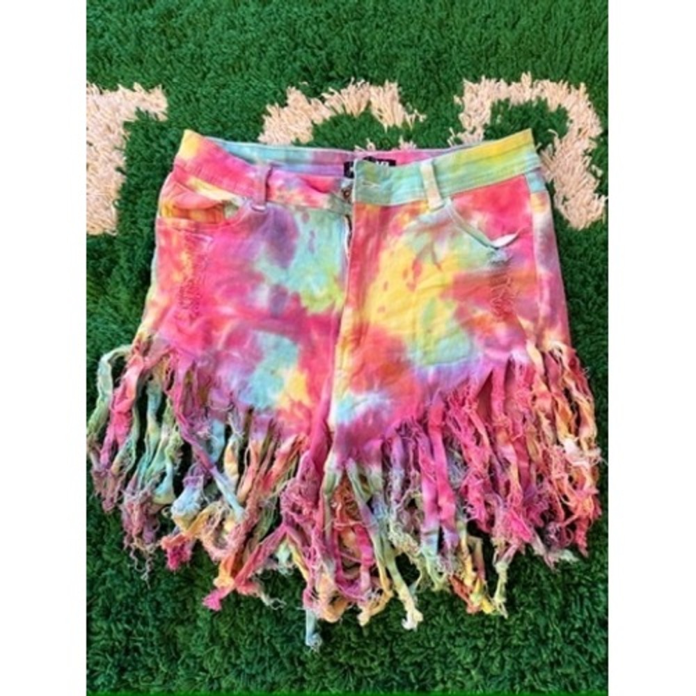 JC & JQ Jeans Tie Dye Distressed Shredded Fringe Shorts XL -HOT Pink Yellow